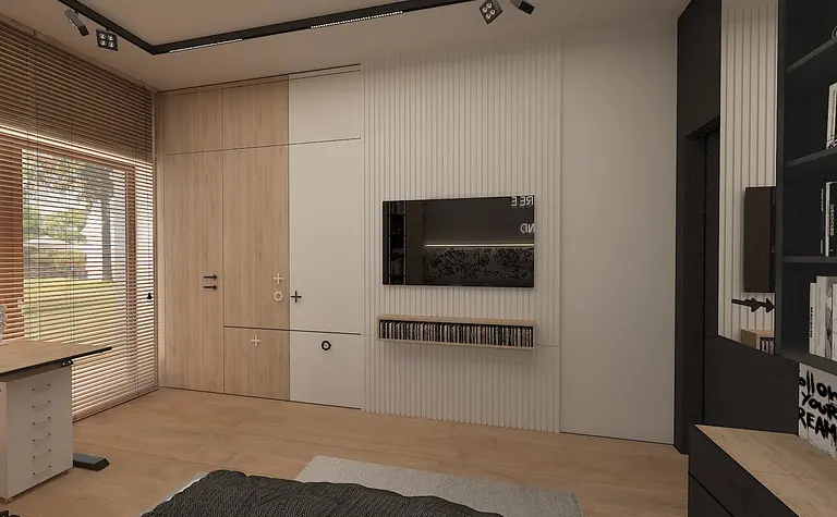 Wnętrze sypialni minimalistycznej z drewnianymi detalami.