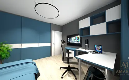 Wnętrze gabinetu z niebieskimi ścianami, białym biurkiem oraz nowoczesnym oświetleniem