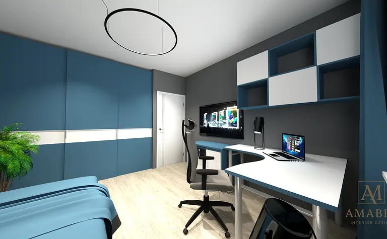 Wnętrze gabinetu z niebieskimi ścianami, białym biurkiem oraz nowoczesnym oświetleniem