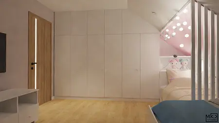 Wnętrze pokoju dziecięcego z różowymi dodatkami i szafą, styl współczesny.