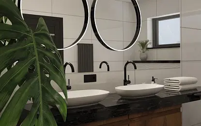 Nowoczesna łazienka z okrągłymi lustrami i rośliną, styl art deco.