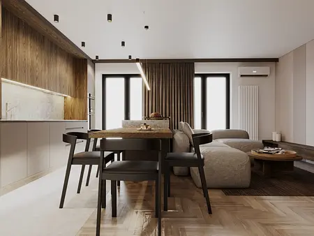 Wnętrze jadalni z minimalistycznym designem, drewniany stół, nowoczesne krzesła.