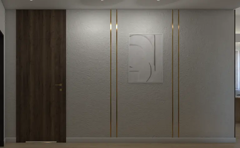 Nowoczesny przedpokój z drewnianymi drzwiami i jasnymi ścianami, minimalistyczny design.