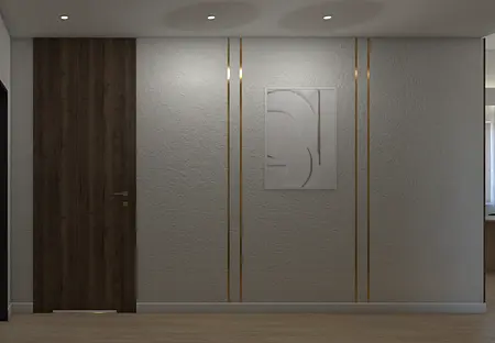 Nowoczesny przedpokój z drewnianymi drzwiami i jasnymi ścianami, minimalistyczny design.