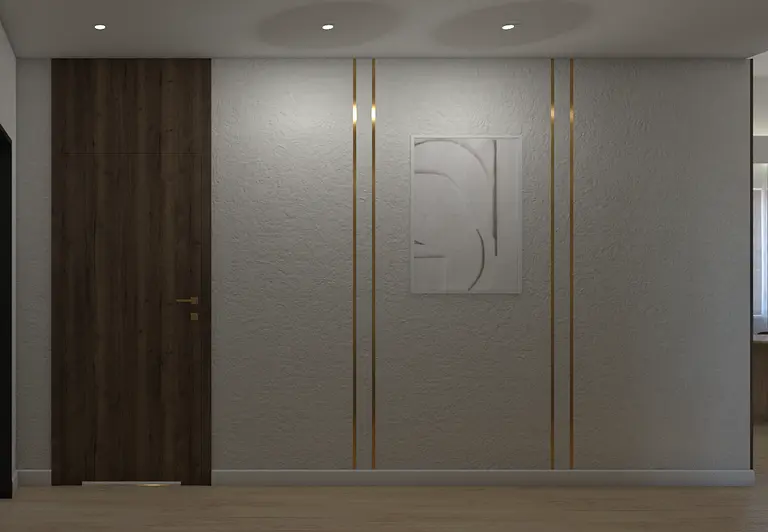 Nowoczesny przedpokój z drewnianymi drzwiami i jasnymi ścianami, minimalistyczny design.