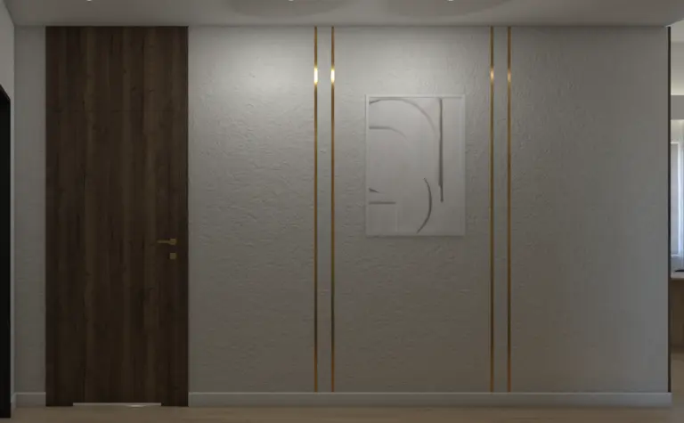 Nowoczesny przedpokój z drewnianymi drzwiami i jasnymi ścianami, minimalistyczny design.