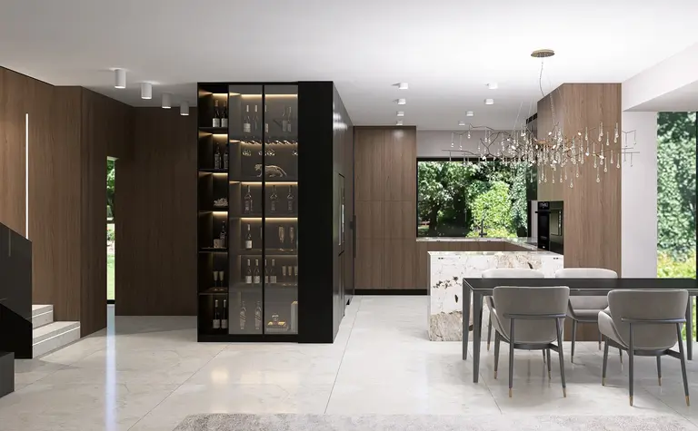 Wnętrze kuchni w stylu quiet luxury z drewnianymi meblami i nowoczesnym oświetleniem.
