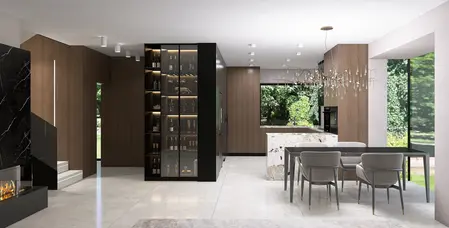 Wnętrze kuchni w stylu quiet luxury z drewnianymi meblami i nowoczesnym oświetleniem.