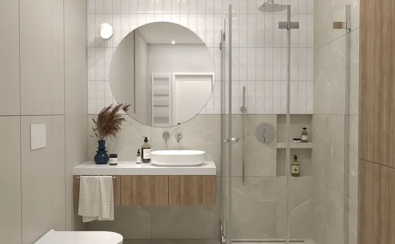 Minimalistyczna łazienka vintage z nowoczesnym prysznicem i drewnianymi akcentami.