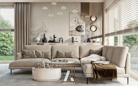 Wnętrze salonu w stylu japandi i soft minimalizm z beżową sofą i jasnymi akcentami.