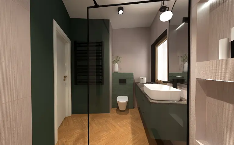 Wnętrze łazienki z zielonymi ścianami i drewnianą podłogą, eklektyczny styl.