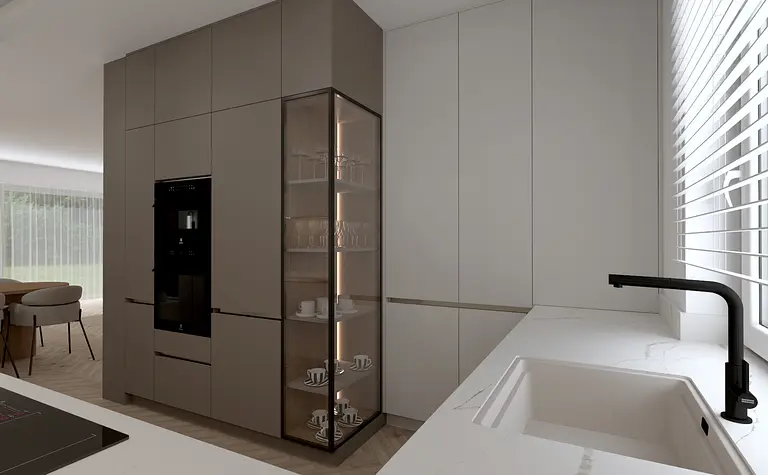 Nowoczesna kuchnia z minimalistycznym designem, glamour akcentami i białymi elementami.