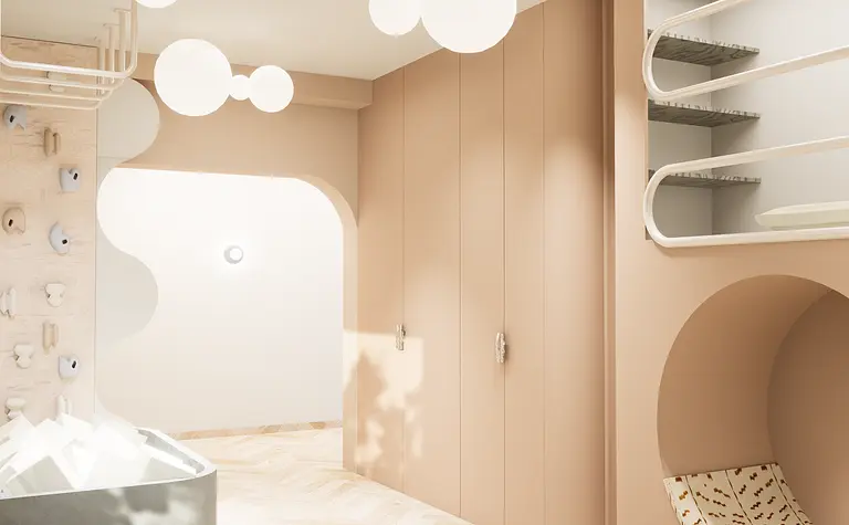 Wnętrze z jasnym wystrojem, nowoczesne meble i światła, styl dopamine decor i eklektyczny.