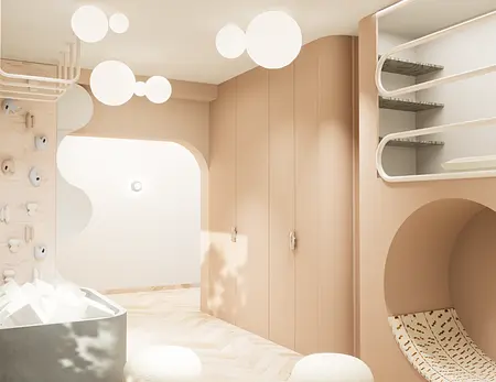 Wnętrze z jasnym wystrojem, nowoczesne meble i światła, styl dopamine decor i eklektyczny.