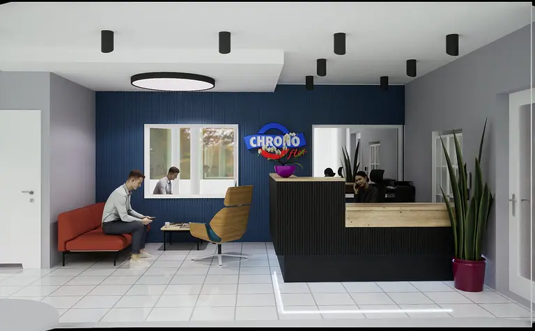 Wnętrze recepcji w stylu eklektycznym i industrialnym z niebieskimi ścianami.