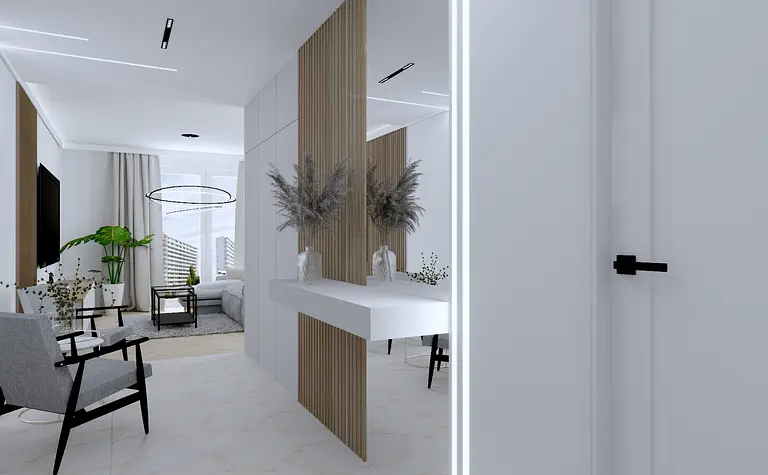 Wnętrze z białymi meblami, drewnianymi detalami i roślinami, nowoczesny, industrialny, współczesny