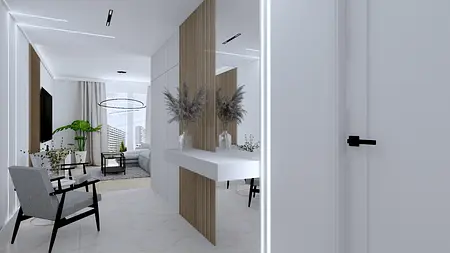 Wnętrze z białymi meblami, drewnianymi detalami i roślinami, nowoczesny, industrialny, współczesny