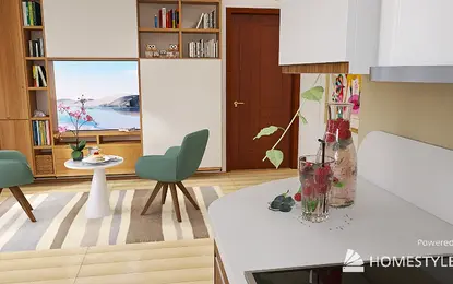 Wnętrze salonu z zielonymi fotelami, drewnianymi meblami, nowoczesny design.
