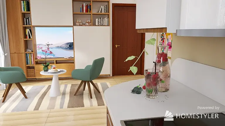 Wnętrze salonu z zielonymi fotelami, drewnianymi meblami, nowoczesny design.