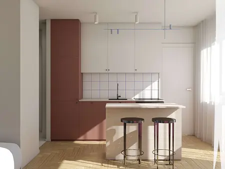 Kuchnia w stylu dopamine decor z drewnianym blatem i białymi meblami.