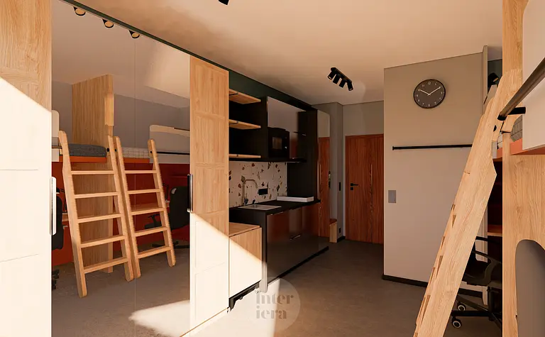 Wnętrze kuchni z drewnianymi meblami, nowoczesnymi dodatkami i minimalistycznym designem.