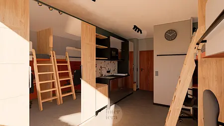 Wnętrze kuchni z drewnianymi meblami, nowoczesnymi dodatkami i minimalistycznym designem.