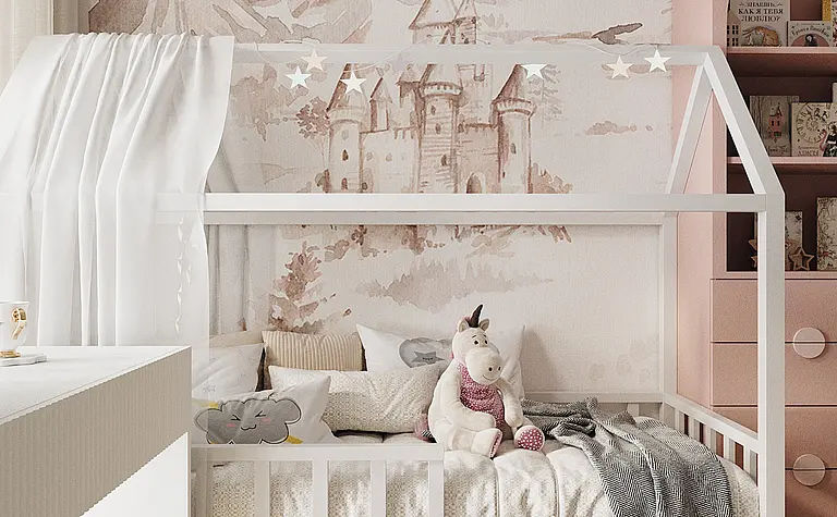 Pokój dziecięcy w stylu industrialnym, japandi, minimalistycznym, nowoczesnym z łóżkiem i dekoracjami.