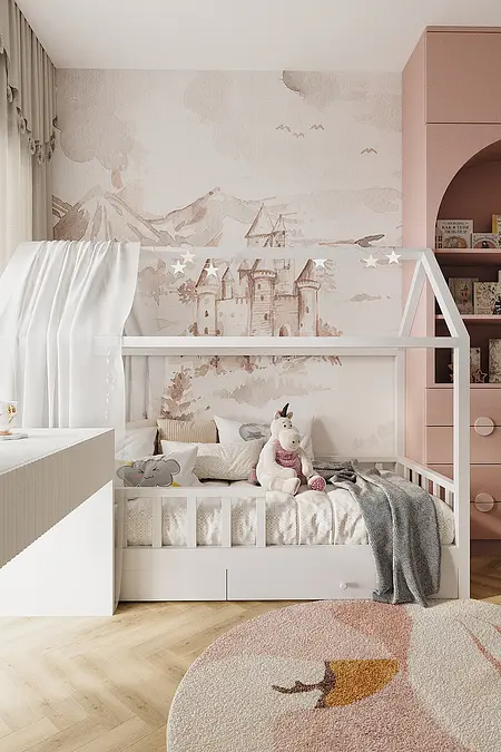 Pokój dziecięcy w stylu industrialnym, japandi, minimalistycznym, nowoczesnym z łóżkiem i dekoracjami.