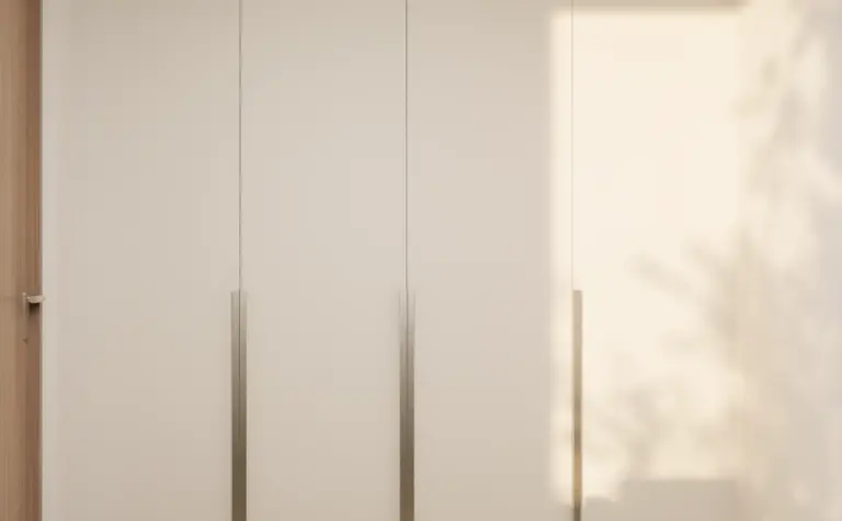 Garderoba w stylu japandi z minimalistycznymi białymi szafami i drewnianą podłogą.