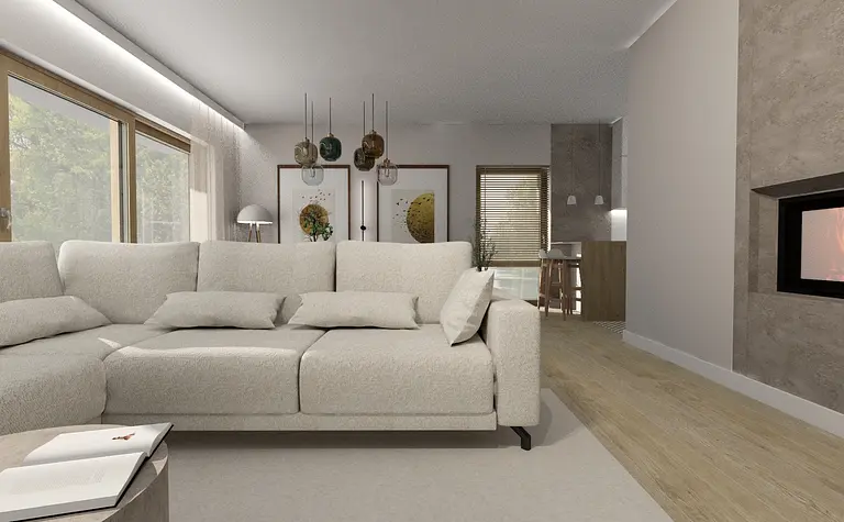 Wnętrze salonu w stylu boho i minimalistycznym z jasną sofą i drewnianymi elementami.