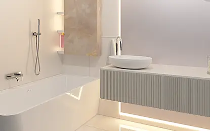 Wnętrze łazienki z białą wanną, umywalką i nowoczesnym oświetleniem