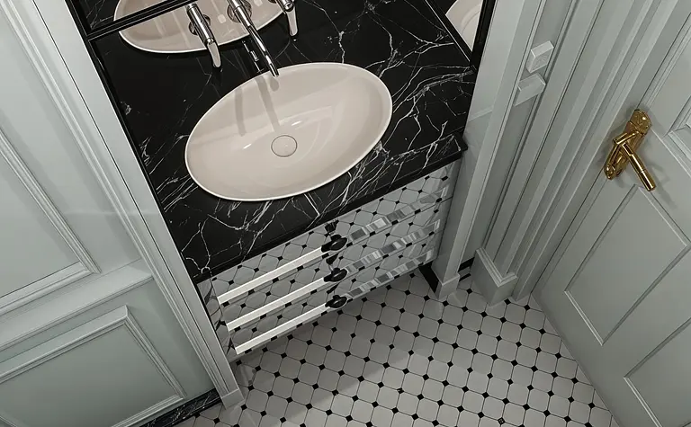 Mała łazienka w stylu art deco i vintage z czarnym blatem i białą umywalką.