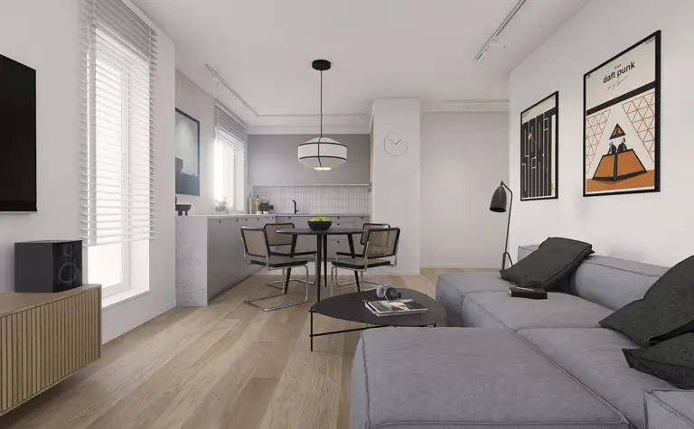 Wnętrze kuchni z minimalistycznym designem, nowoczesnymi meblami i soft minimalizmem
