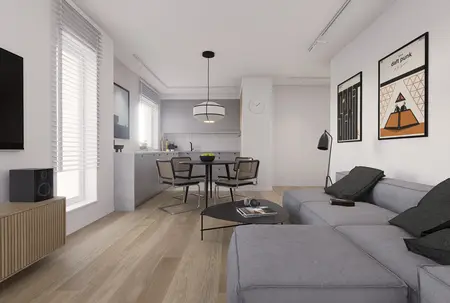 Wnętrze kuchni z minimalistycznym designem, nowoczesnymi meblami i soft minimalizmem