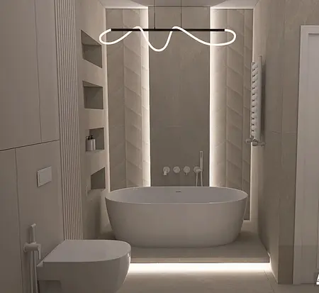 Nowoczesna łazienka z dużą wanną, podświetleniem LED i minimalistycznym designem.