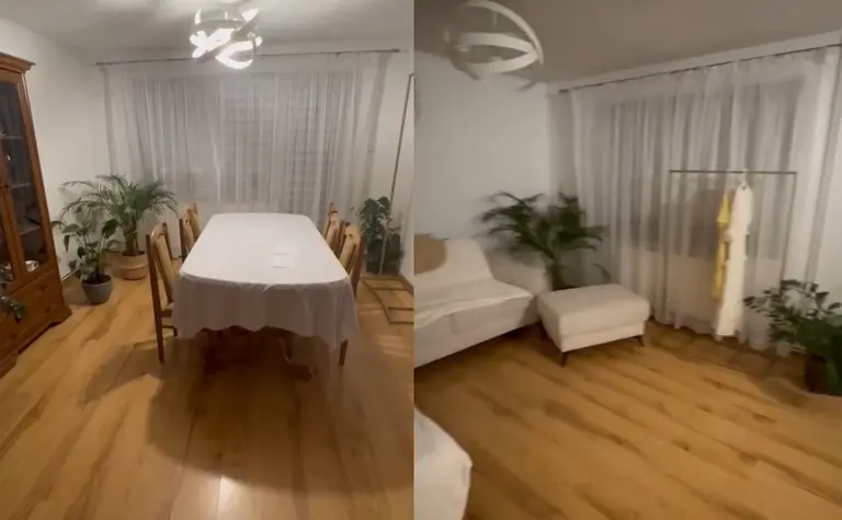 Wnętrze jadalni w stylu boho i japandi z drewnianym stołem.