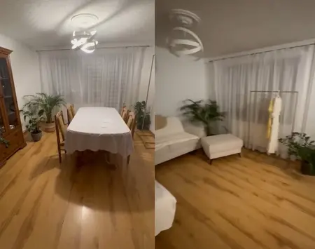 Wnętrze jadalni w stylu boho i japandi z drewnianym stołem.