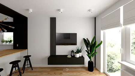Nowoczesny salon z rośliną, czarną szafką i drewnianym blatem. Styl minimalistyczny.
