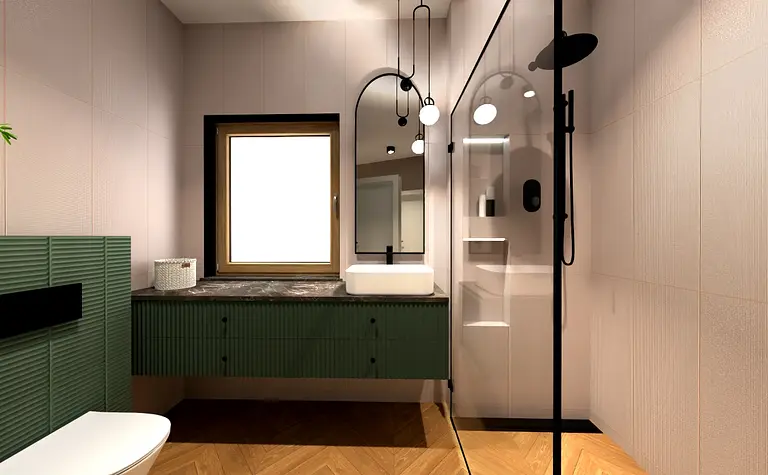 Nowoczesna łazienka z zieloną szafką, prysznicem i lustrami w stylu eklektycznym.