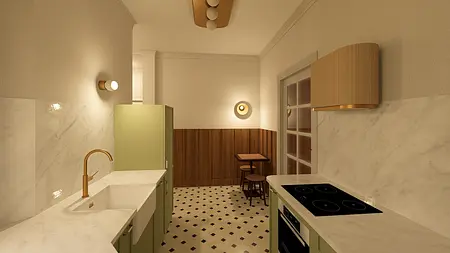 Wnętrze kuchni w stylu vintage z zielonymi meblami i drewnianymi detalami.