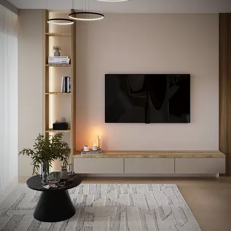 Wnętrze salonu w stylu minimalistycznym i eklektycznym z szarymi meblami.