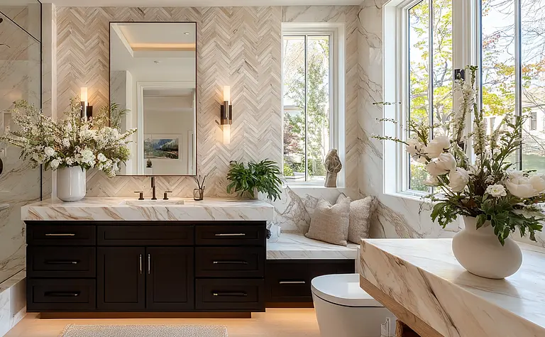 Współczesna łazienka z białymi meblami i kwiatami