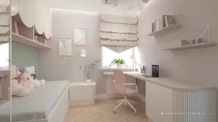 Pokój dziecięcy z różowym biurkiem, boho dodatkami i minimalizmem.