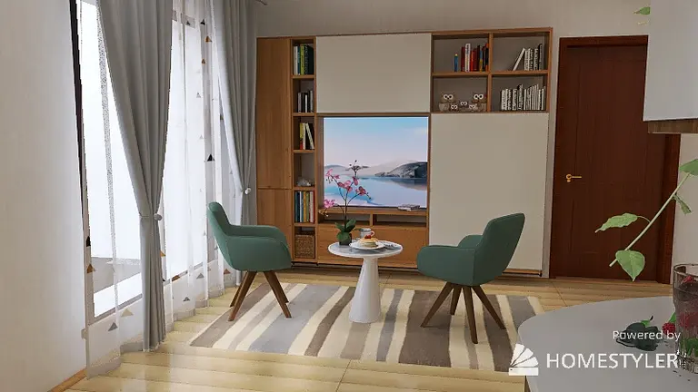 Wnętrze nowoczesnego salonu z zielonymi fotelami i telewizorem.
