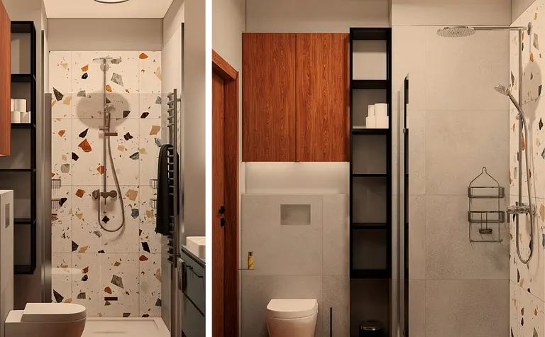 Wnętrze łazienki z minimalistycznym designem, nowoczesnymi płytkami i drewnianymi elementami.