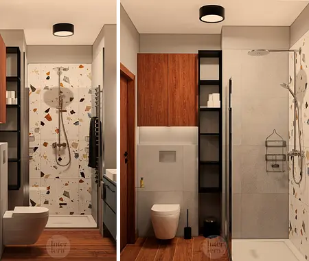 Wnętrze łazienki z minimalistycznym designem, nowoczesnymi płytkami i drewnianymi elementami.