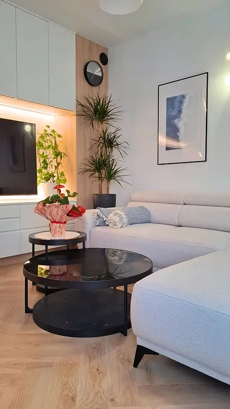 Nowoczesne wnętrze salonu z jasną sofą, czarnym stolikiem i roślinami w doniczkach.