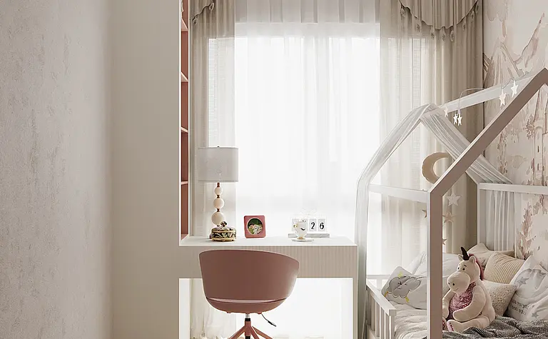 Pokój dziecięcy w stylu industrialnym, japandi z minimalistycznym biurkiem i jasnym łóżkiem.