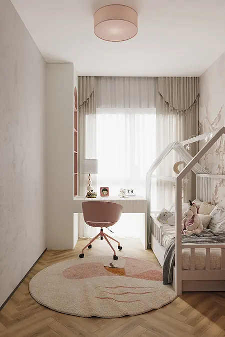Pokój dziecięcy w stylu industrialnym, japandi z minimalistycznym biurkiem i jasnym łóżkiem.