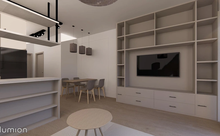 Nowoczesny salon z minimalistycznym wystrojem, jasnymi meblami i drewnianymi detalami.